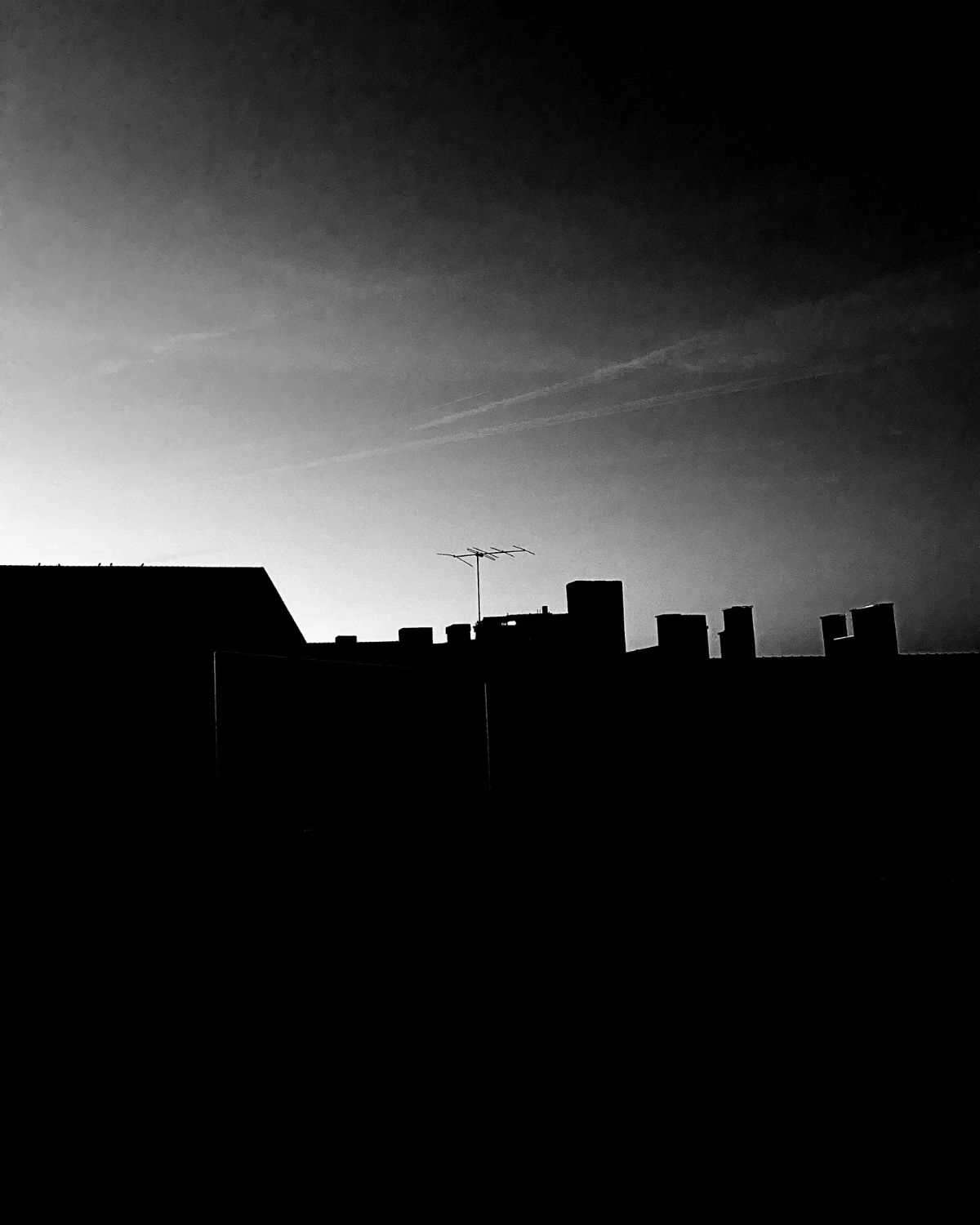 Dark rooftops against a bright sky